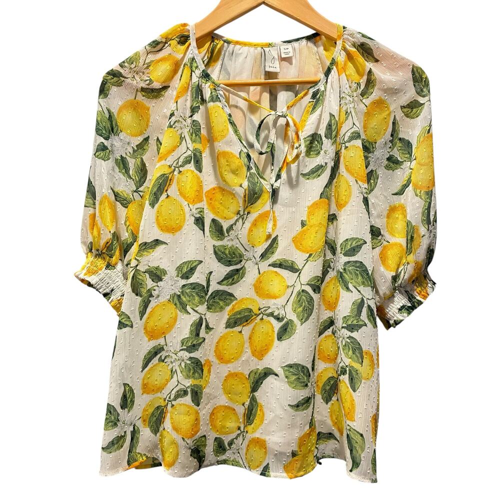 Joie Lemons Top V Neck Half Sleeve Tie Front White Yellow Green Womens Sz Small